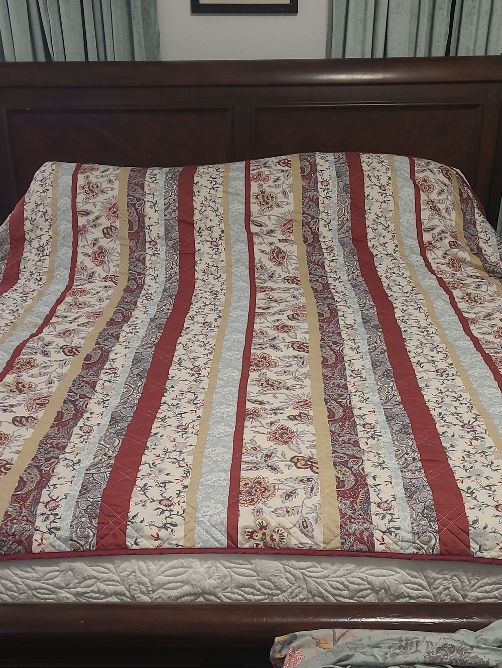 Reversible Striped Floral Quilt in Red, Cream & Tan